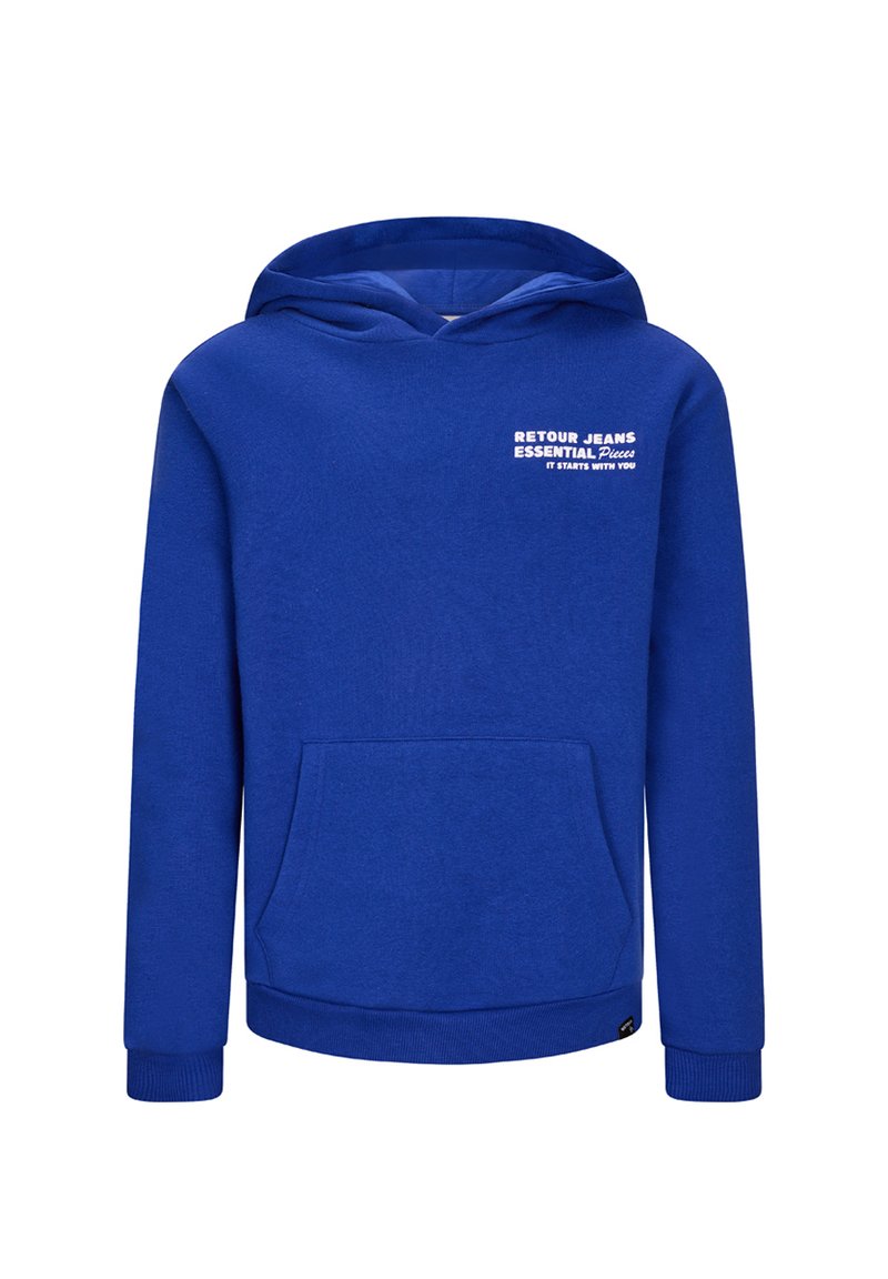 Blauer Baumwoll-Hoodie mit einer Vordertasche und gerippten Bündchen. Aufdruck in weißem Text: "RETOUR JEANS ESSENTIAL PIECES IT STARTS WITH YOU."