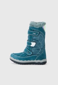 Teal vinterstøvel laget av semsket skinn og syntetisk materiale, med tre justerbare stropper, pelskant og en teksturert gummisåle.