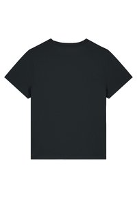 Zwarte t-shirt met korte mouwen van zacht materiaal. Normale pasvorm met een ronde hals. Eenvoudig ontwerp, geen zichtbare patronen of graphics.