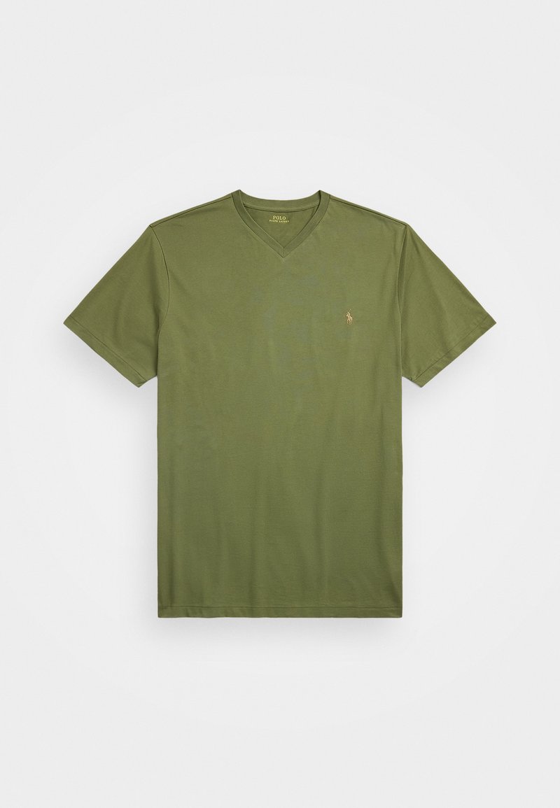 Olive green v-neck t-shirt made of soft cotton, featuring short sleeves and a small embroidered logo on the left chest.