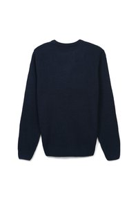 Dunkelblauer gestrickter Pullover mit strukturiertem Muster, langen Ärmeln und rundem Ausschnitt. Der Rückansicht zeigt ein sauberes Design ohne Verzierungen.