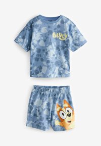 Blue cotton pajama set featuring a light blue tie-dye pattern. T-shirt has "Bluey" in yellow text; shorts feature a cartoon dog with large eyes.