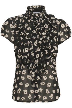 Black blouse with short puff sleeves, featuring a ruffled front design and a cream floral pattern. Made of lightweight, sheer fabric.