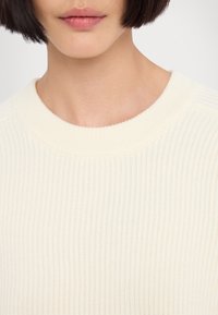Pull en tricot de couleur crème avec une texture côtelée, présentant un col rond et de subtils détails de couture autour du col.