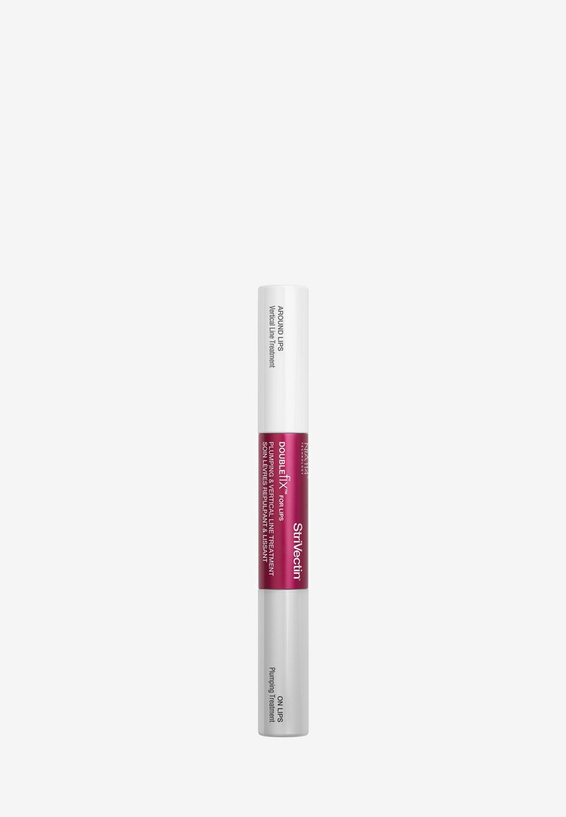 Tube de traitement des lèvres avec un capuchon blanc et un corps rose, doté d'une base en argent. Le texte inclut les détails du produit dans une police lisible.