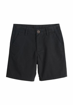 Pantaloni scurți casual negri, cu închidere cu nasture, buzunare frontale și bucle pentru curea, așezați pe o suprafață albă.