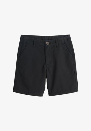 Mustad vabaaja lühikesed püksid, millel on nööpklapp, vööaugud ja esimesed taskud, paigutatud valgele taustale laiali laotatult.