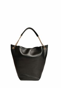 Borsa a tracolla nera in pelle con un design morbido, una parte superiore curvata, dettagli in catena dorata sul manico e una texture liscia.