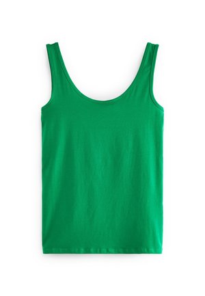 Débardeur vert sans manches avec un col rond, posé à plat sur un fond blanc.