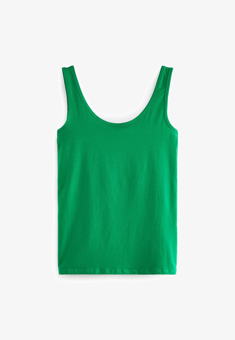 Débardeur vert sans manches avec un col rond, posé à plat sur un fond blanc.