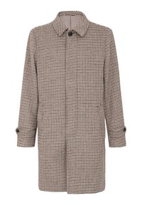 Brun og beige houndstooth-frakke med klassisk krave, knaplukning, sidelommer og justerbare manchetter. Glat stofstruktur.