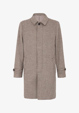 Palton cu model houndstooth în nuanțe de maro și bej, cu guler clasic, închidere cu nasturi, buzunare laterale și manșete ajustabile. Textură de țesătură netedă.
