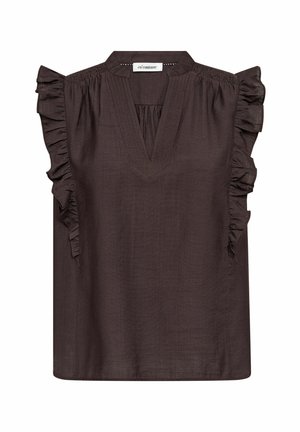 Sötétbarna ujjatlan blúz V-nyakkivágással, fodros vállrészletekkel és ráncolt felső hátrésszel, a Co’Couture-tól.