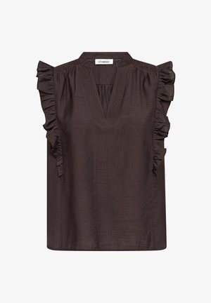 Sötétbarna ujjatlan blúz V-nyakkivágással, fodros vállrészletekkel és ráncolt felső hátrésszel, a Co’Couture-tól.