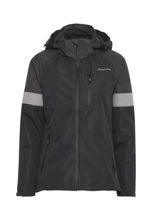 Black waterproof jacket with a hood, zippered front, reflective gray stripes on sleeves, and multiple zippered pockets. Solid texture.