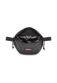 Borsa in nylon nero con design rotondo, chiusura con zip e manico intrecciato; presenta un rivestimento interno e un'etichetta del marchio visibile.