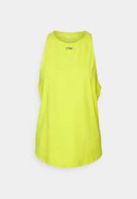 Neon żółta bezrękawnik sportowy z okrągłym dekoltem i małym czarnym logo umieszczonym na środku blisko kołnierza.