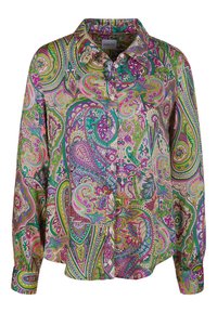 Overhemd met knoopsluiting, voorzien van een paisleypatroon in levendige kleuren, voornamelijk roze, groen en paars; gemaakt van een soepele stof met een gestructureerde kraag.