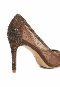 Brown high-heeled shoe with a mesh upper and embellished with small brown rhinestones. Pointed toe and sleek stiletto heel.