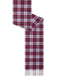 Red and navy plaid scarf made of soft fabric, featuring fringed ends and a patterned design on a light gray background.