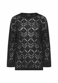 Svart stickad tröja med långa ärmar, med ett geometriskt spetsmönster, rund halsringning och texturerad yta.