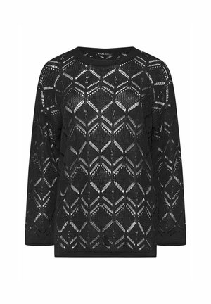 Black knitted sweater with long sleeves, featuring a geometric openwork pattern, round neckline, and textured finish.