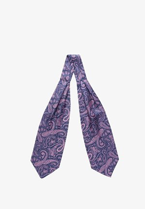 Mörkblå slips med rosa paisleymönster, tillverkad av siden. Har en klassisk lång form och en slät textur.