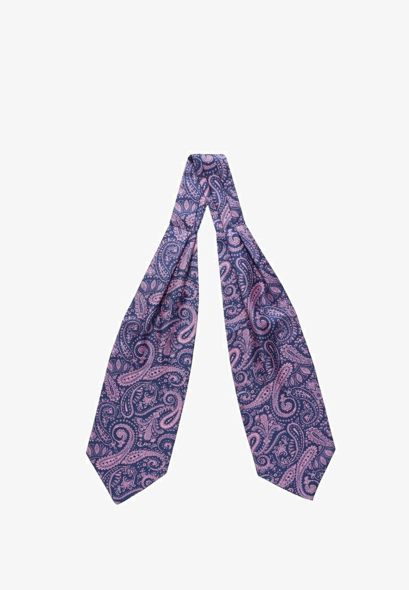 Marineblå slips med pink paisley mønster, lavet af silke. Har en klassisk lang form og en glat tekstur.