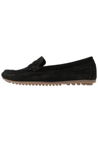 Black suede loafers with a moccasin-style stitched detail, flexible rubber outsole, and a decorative leather strap across the vamp.