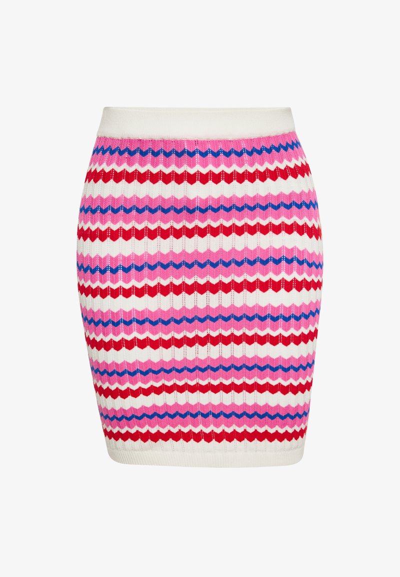 Kötött ceruzaszoknya, zig-zag mintával piros, rózsaszín, kék és fehér színekben, testhezálló szabásban és bordázott struktúrával.