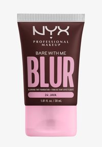 Fond de teint NYX Bare With Me Blur dans un tube en squeeze marron foncé avec une base rose, affichant un grand texte blanc et un capuchon argenté.