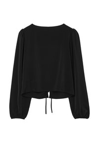 Top corto nero con maniche lunghe a sbuffo, scollo rotondo e dettaglio con laccio sul retro. Realizzato in tessuto liscio con una texture morbida.