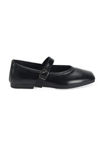 Schwarze Leder-Ballettschuhe mit einem quadratischen Zehenbereich, ausgestattet mit einem Riemen mit einer Schnallendetail. Glatte Textur und flache Sohle.