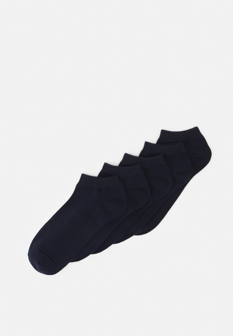 Fünf Paar Knöchelsocken in dunkelnavyblau, gefertigt aus einem glatten, dehnbaren Strickmaterial mit einem tief geschnittenen Design und verstärktem Fersenbereich.