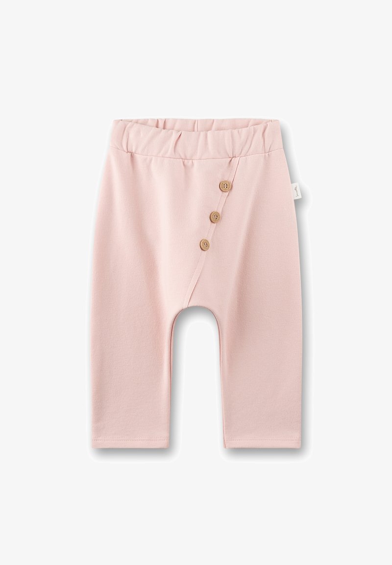Helle rosa Babypants mit elastischem Bund und drei Holzknöpfen schräg auf der Vorderseite.