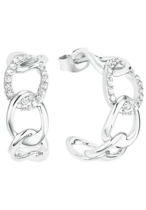 Srebrne kolczyki koła z łańcuszkiem; niektóre ogniwa ozdobione małymi, przezroczystymi kryształami, z zapięciem na sztyft.