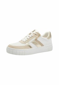 Valge ja kuldne vabaaja sneaker, millel on tekstuuriga kangas, nööbid, külgzuipp ja paks valge tald ribidega aktsentidega.