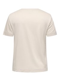 Bež majica kratkih rokavov z okroglim izrezom, prikazana od zadaj, enobarvna brez vidnih logotipov ali vzorcev.