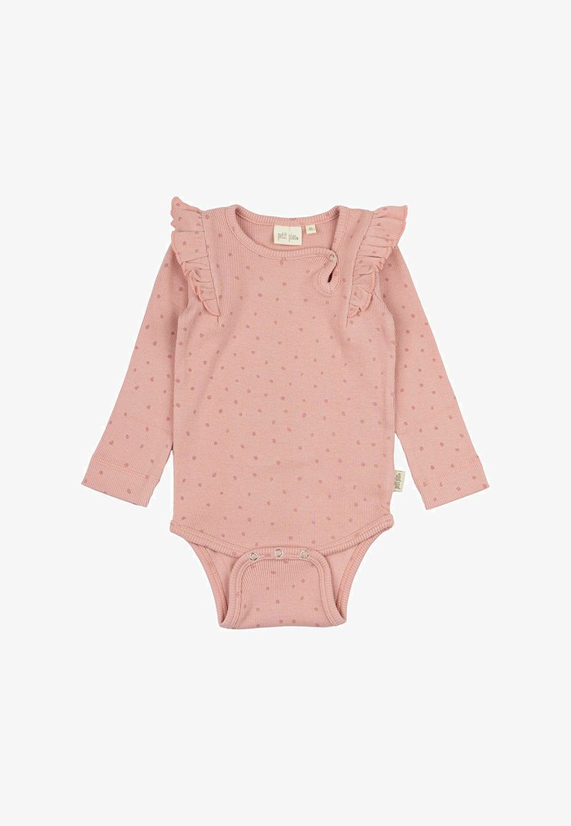 Ilgas rankovės rožinis bodis su briaunota tekstūra, taškuota raštu ir volanėlėmis ant pečių. Apatinėje dalyje yra snapelių užsegimai.