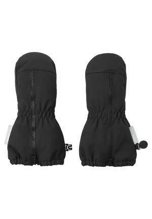 Muffole nere isolate con un'esterno liscio, polsini elasticizzati e zip per una vestibilità regolabile. Presentano un piccolo etichetta del marchio sui lati.