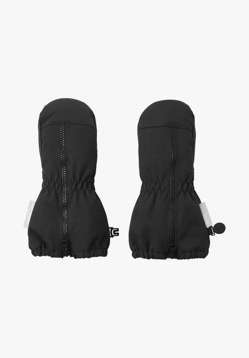 Moufles isolées noires avec un extérieur lisse, des poignets élastiques et des fermetures éclair pour un ajustement réglable. Présente une petite étiquette de marque sur le côté.