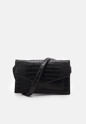 Black crocodile-texture leather crossbody bag with envelope flap and thin shoulder strap, shown against a white background.