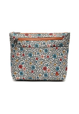 Väike ristkülikukujuline väike kott lukuga, kaetud mitmevärvilise lille- ja leopardimustriga valgel taustal.