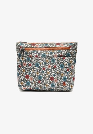 Small rectangular pouch with zipper, covered in multicolored floral and leopard print pattern on a white background.
