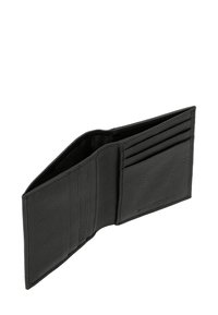 Portafoglio in pelle nera con design aperto, dotato di più scomparti per carte e dettaglio in rilievo "RFID PROTECTED" all'interno.