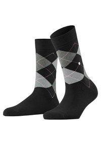 Calcetines negros con un patrón de diamantes en gris y gris claro, con detalles en rosa, fabricados en un material suave y elástico para mayor comodidad.