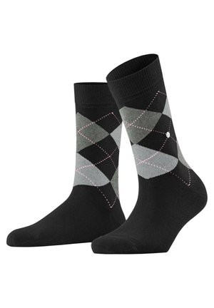 Chaussettes noires ornées d'un motif en losange gris et gris clair avec des accents de couture rose, fabriquées dans un matériau doux et extensible pour le confort.