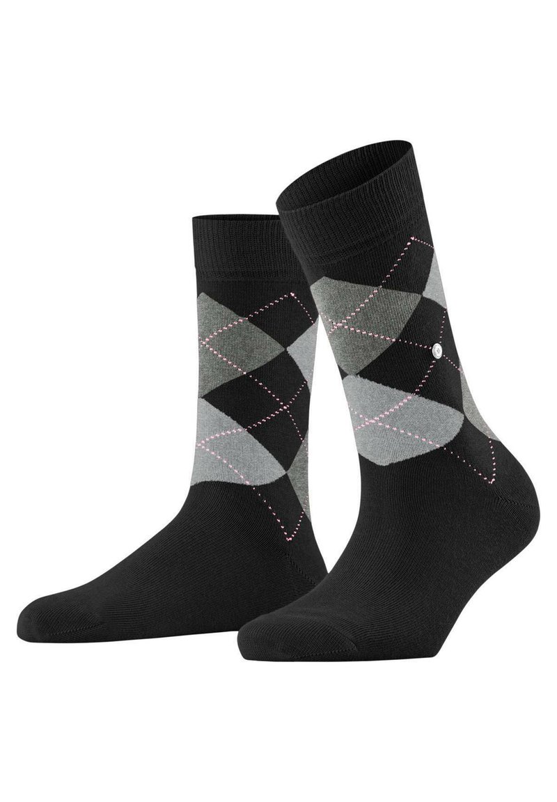 Calcetines negros con un patrón de diamantes en gris y gris claro, con detalles en rosa, fabricados en un material suave y elástico para mayor comodidad.