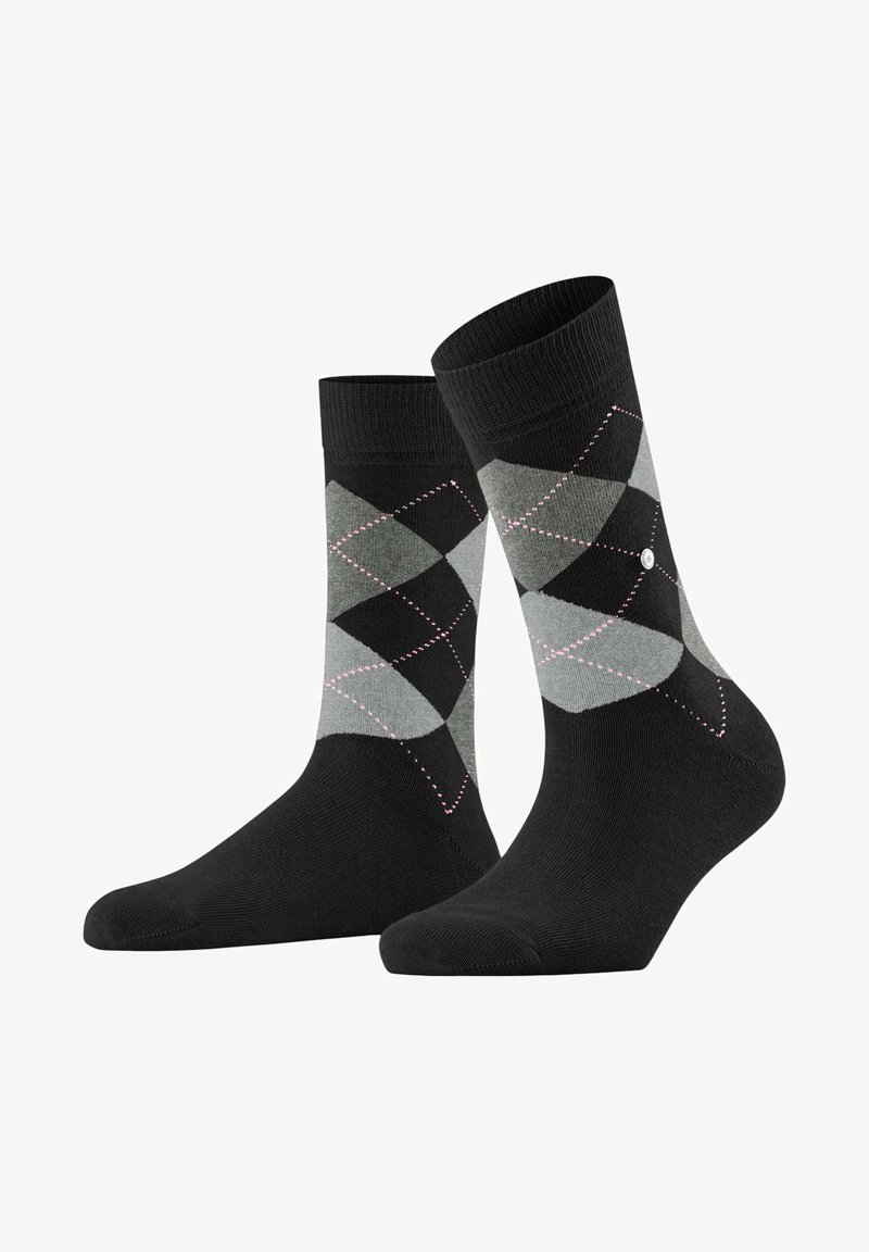 Calze nere con motivo a rombi in grigio e grigio chiaro, con dettagli in cucitura rosa, realizzate in morbido materiale elasticizzato per il massimo comfort.