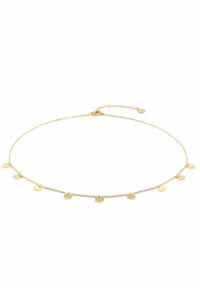 Gouden ketting met kleine ronde hangers gelijkmatig verspreid langs de ketting. Verstelbare lengte met een karabijnsluiting.